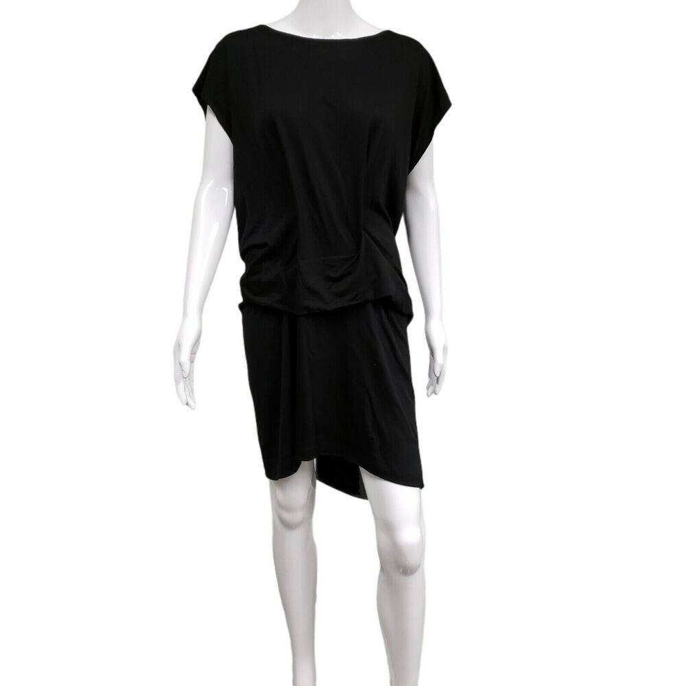 MORGANE LE FAY Black Wool Short Sleeve Asymmetrical Draped Short Dress Size S - Picture 3 of 7